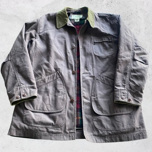 LL Bean Jacket XL Tall Chore Barn Canvas Brown Wool Linear removable vintage